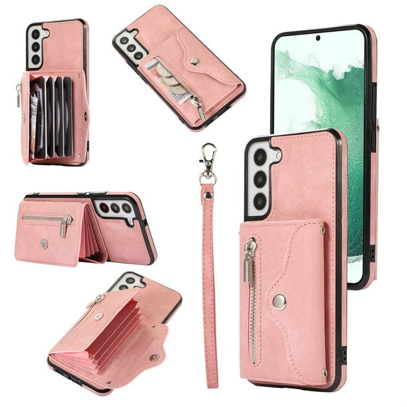 SaniMore for Samsung Galaxy S21 FE Case, Samsung Galaxy S21 FE Wallet Case for Women Men, PU Leather RFID Blocking Wristlet Zipper Shoulder Strap Cover with Card Holder Kickstand, Rosegold