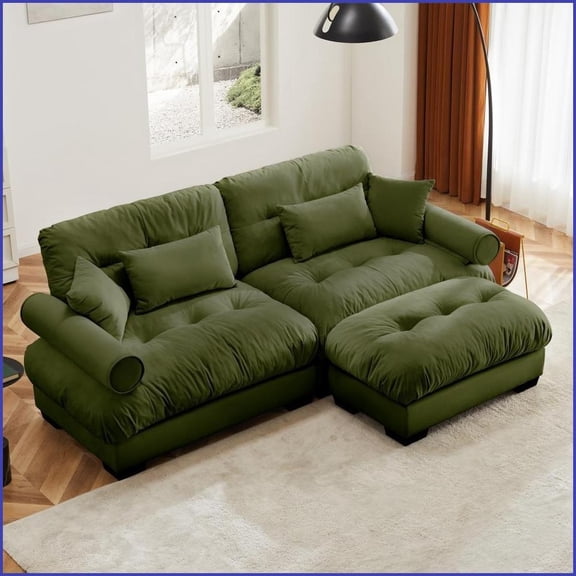 Modern 2-Seater Velvet Sofa with Ottoman | Round Arms | Cushion Back | Living Room Reading Room | Olive Green