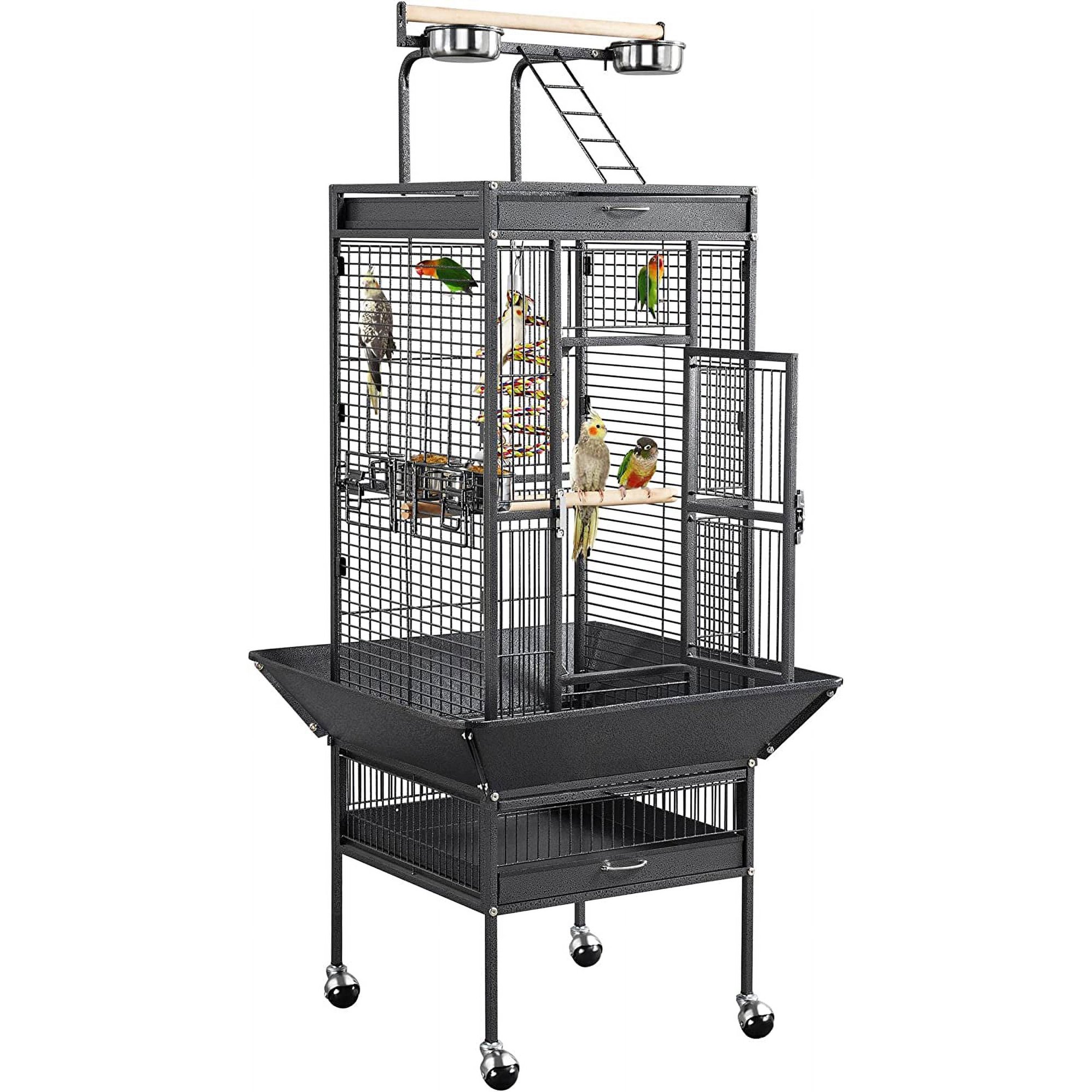 61" Playtop Parrot Bird Cage w/ Rolling Stand, Wrought Iron Cage for Cockatiels Quaker Conure Parakeet Lovebird Finch Canary, Black
