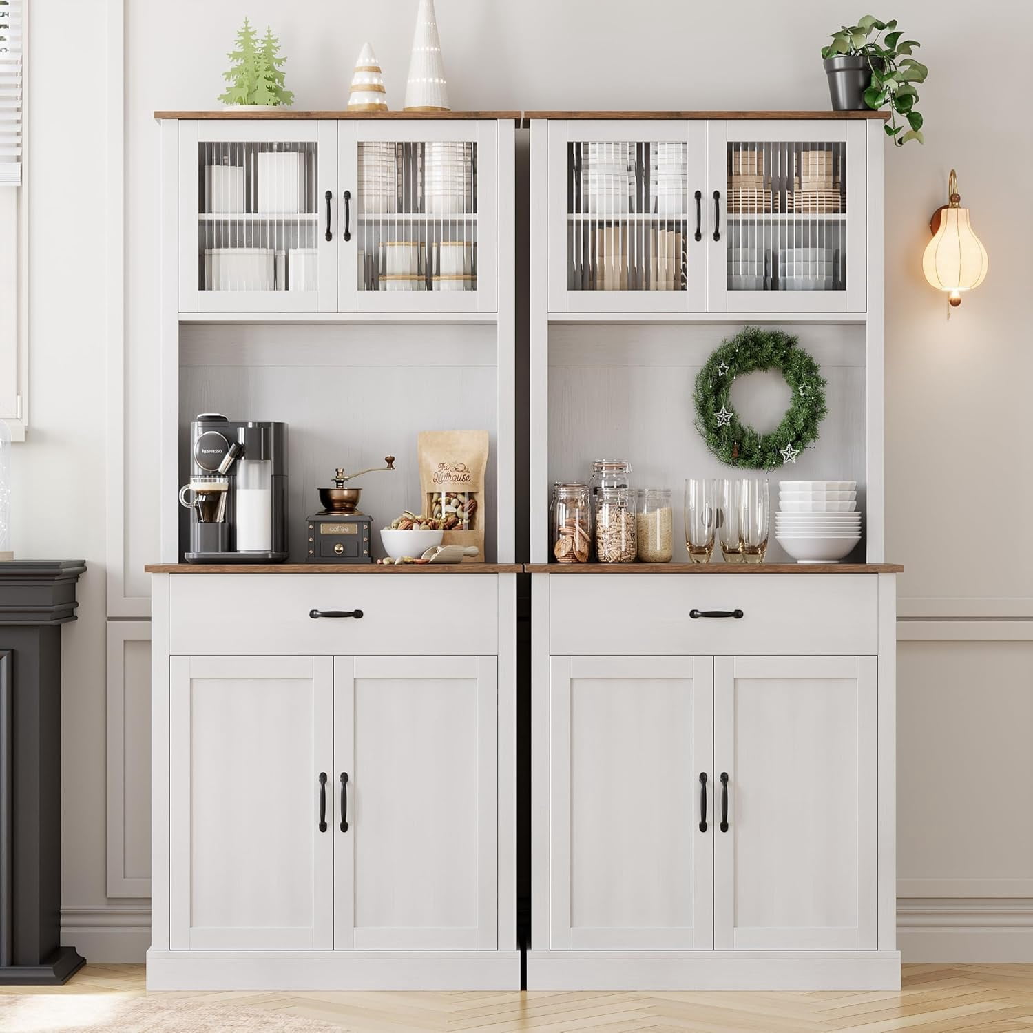 ChaoLink Freestanding Kitchen Pantry Cabinet with Microwave Stand and ShelvesWhite