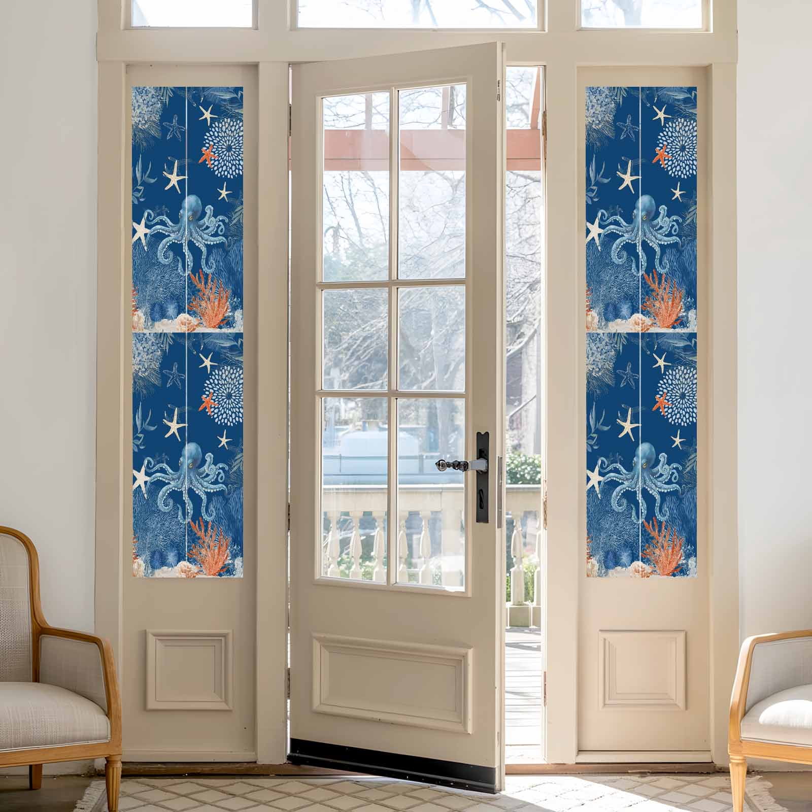 Ocean Octopus Window Privacy Film, Summer Orange Blue Sea Animal Corals Dark Blue Frosted Glass Window Clings Static Cling UV Heat Blocking Reusable Door Sticker for Bathroom 29.5 x 118 Inch