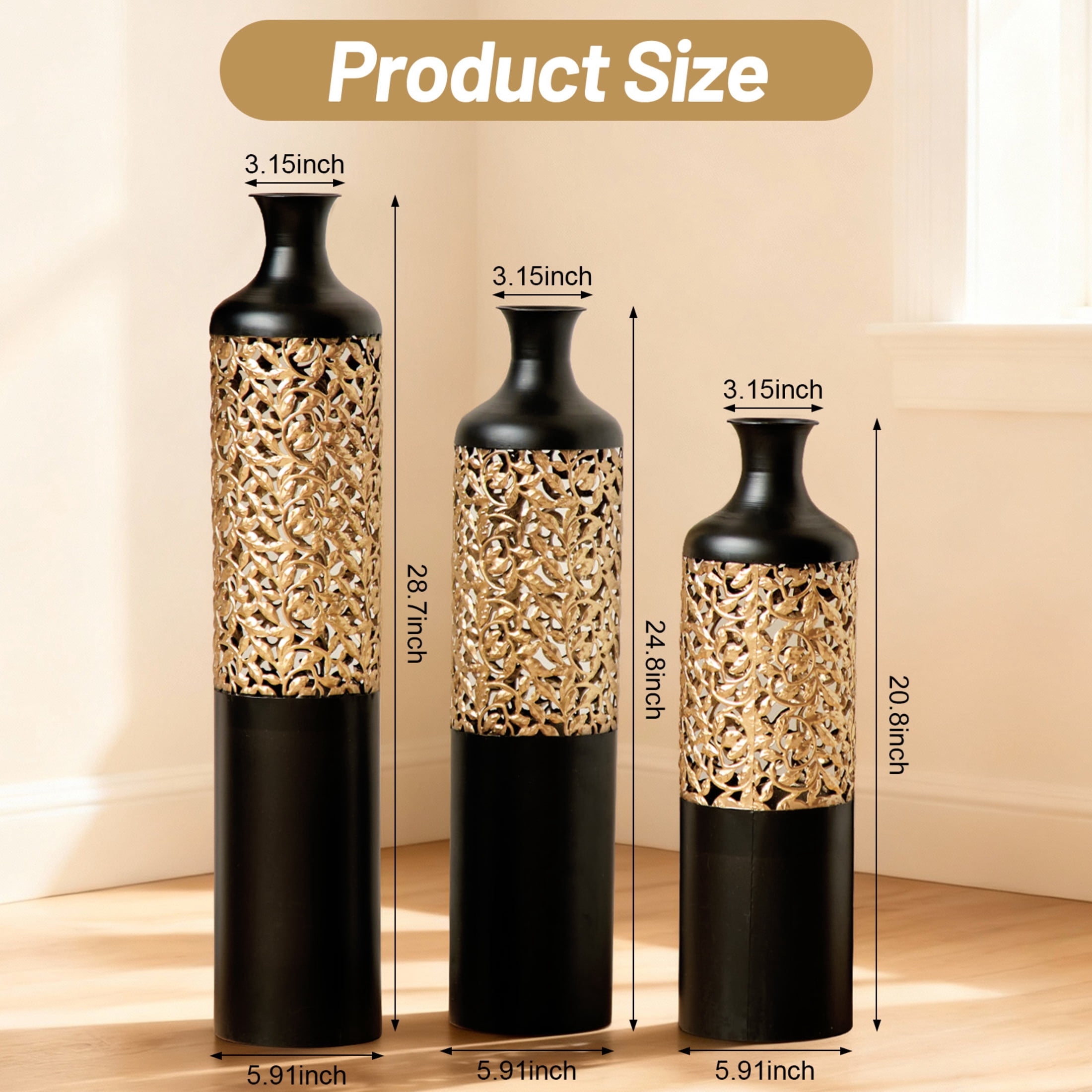 Noble House 20.8", 24.8", 28.7" Metal Floor Vase Set of 3, Cutout Geometric Vases, Black+Gold