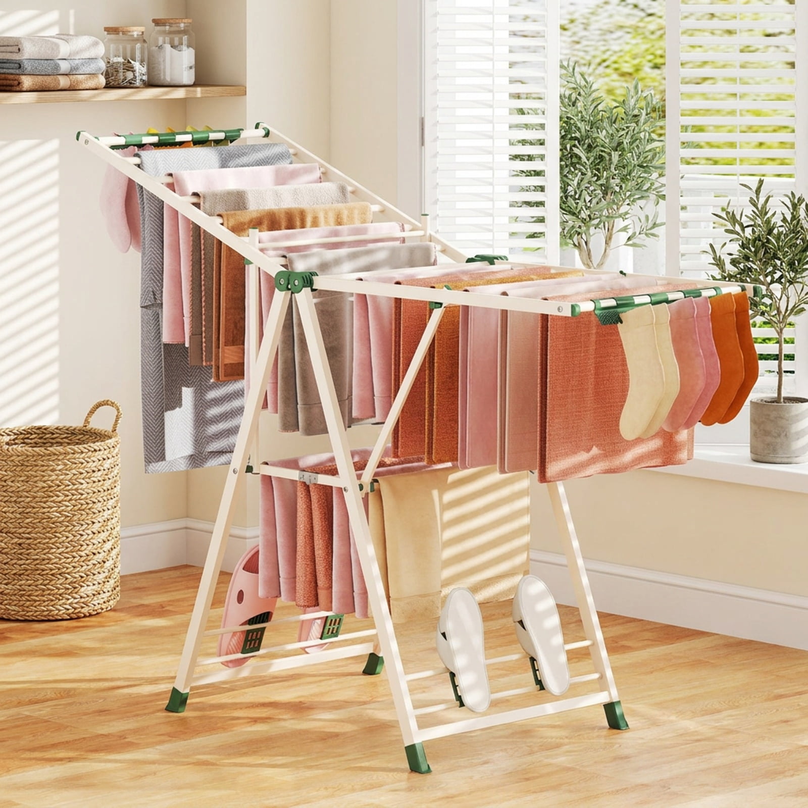 Vebreda Foldable Clothes Drying Rack, 64 Inches Clothes Drying Rack with Height Adjustable Wings, Spacious 2-Tier Drying Space