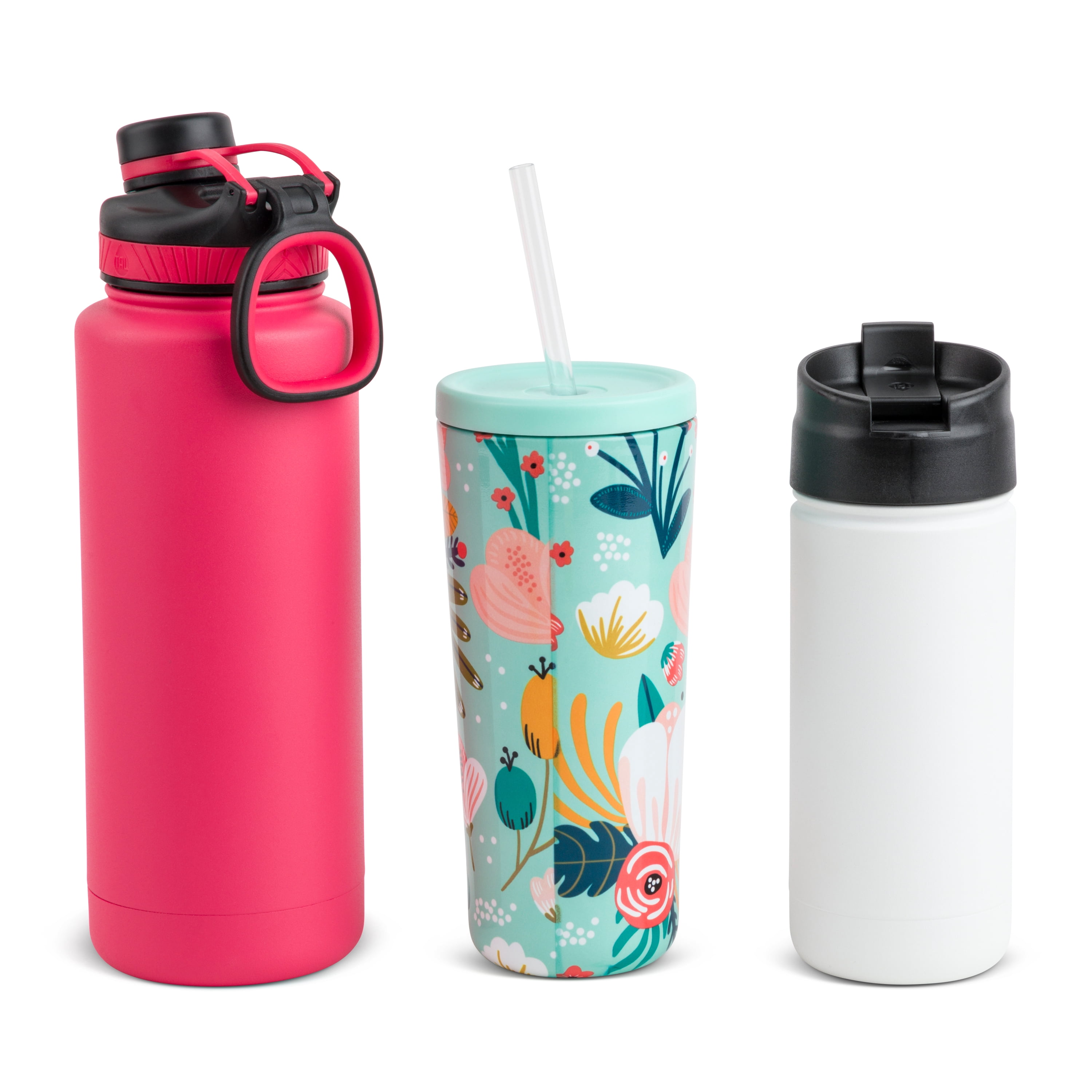 TAL Stainless Steel Water Bottle Bundle, 9 Piece Set, 40 fl oz, 24 fl oz, 18 fl oz, Pink, Flower and White