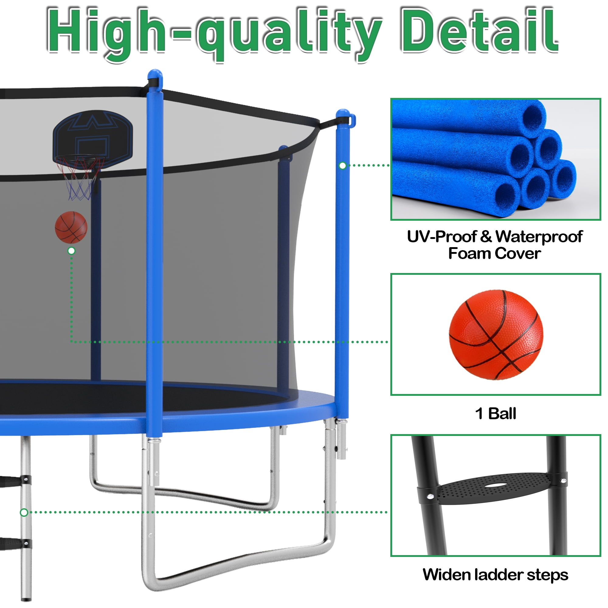 LHX 12FT 14FT 16FT Trampoline with Enclosure Net, Outdoor Trampolines for Kids Adult, Backyard Trampoline with Basketball Hoop, Ladder, Stakes, Lights, Sprinklers, Socks, Heavy Duty, 1400 LBS Loading