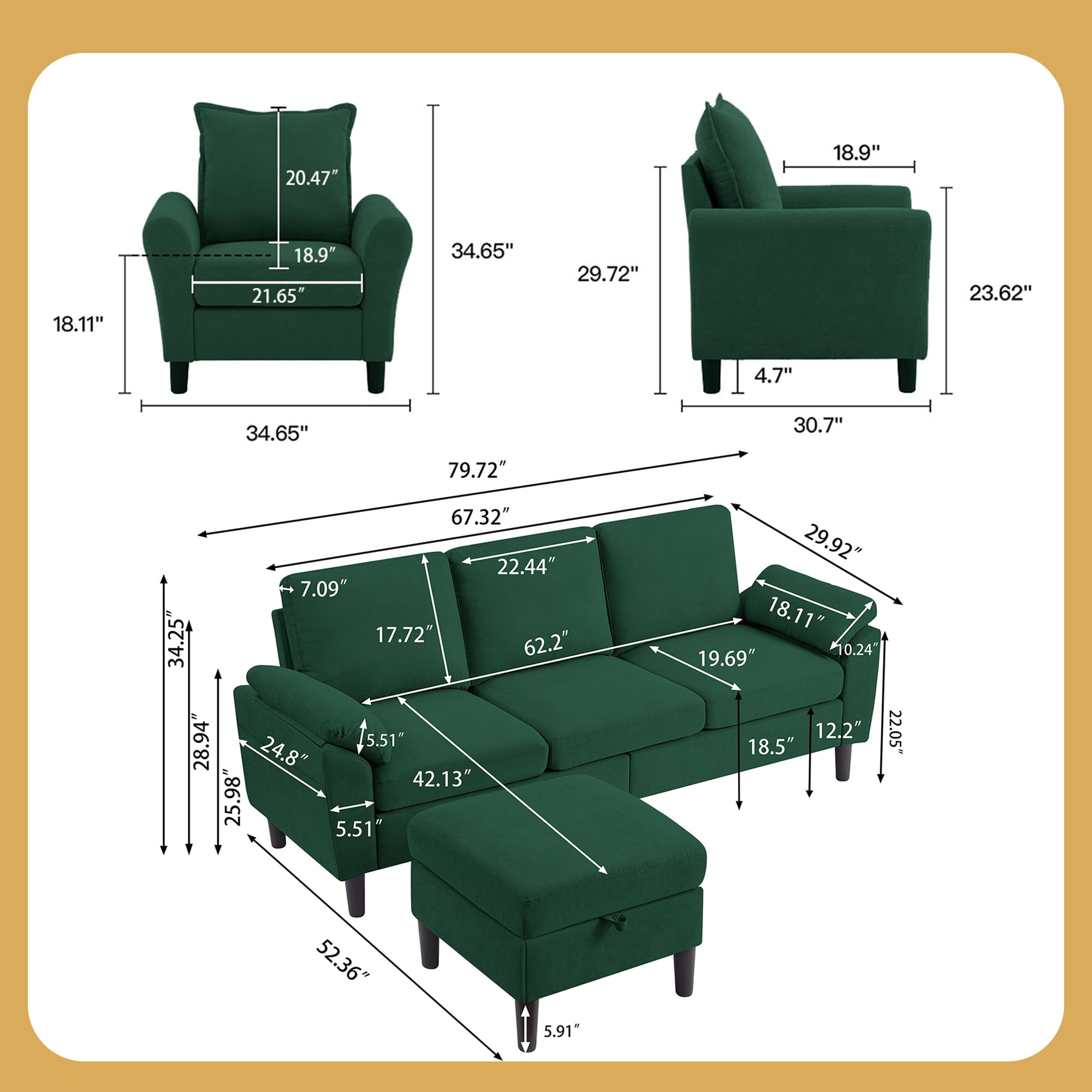 79" Convertible Sectional Sofa Set, Modern Linen Small L Shaped Couch with Reversible Chaise and Loveseat Sofa, 3-Seat Sofa Couches for Living Room, Office, Apartment, GREEN