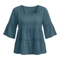thumbnail image 5 of Craaazy Shirts for Women 3/4 Sleeve Relaxed Fit Solid Color Square Neck Cotton Linen Tees for Casual Outings, Summer Vacation, 5 of 6