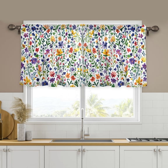 Yayeee Kitchen Curtains Tier Set of 2 Light Filtering 57"x24" Over Sink Window Panels, Green Wildflower Pattern
