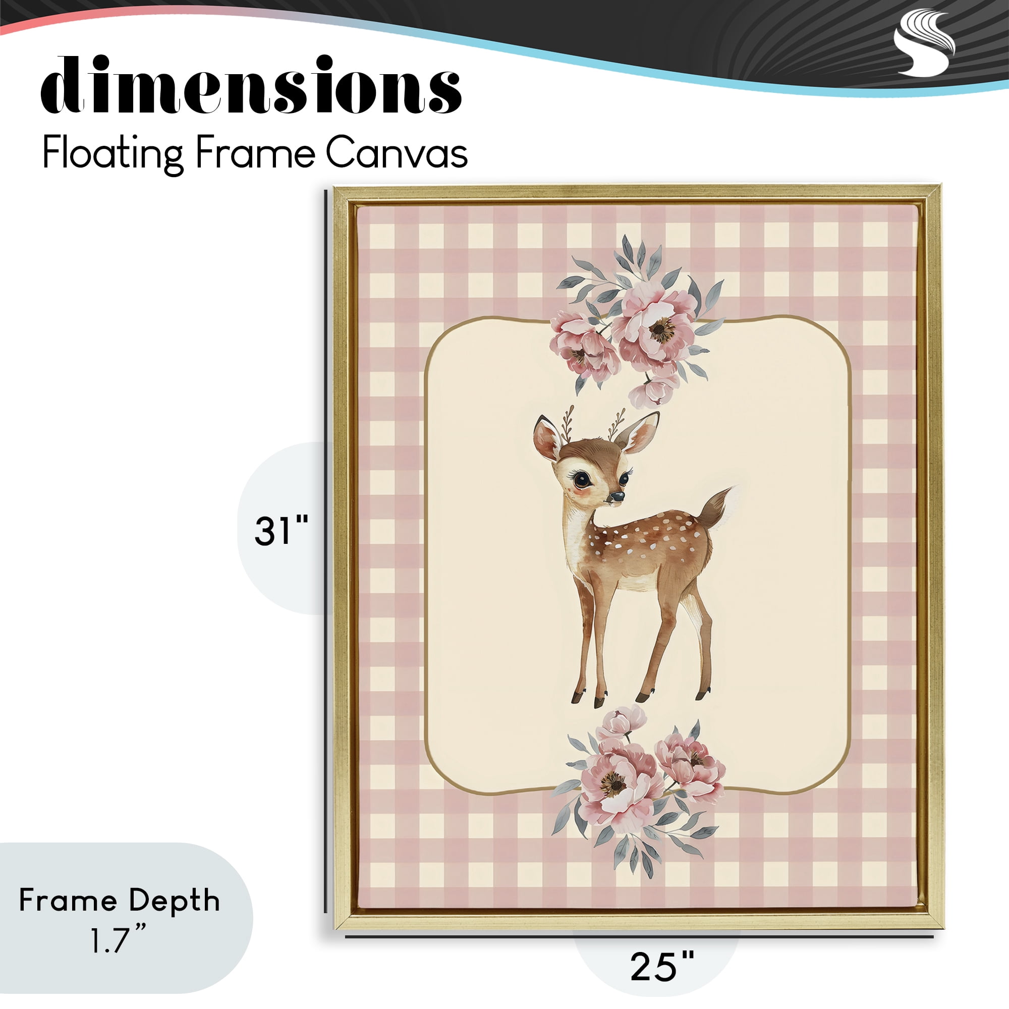 Stupell Industries Baby Deer Pink Gingham Gold Framed Floater Canvas Wall Art, design by LSR Design Studio