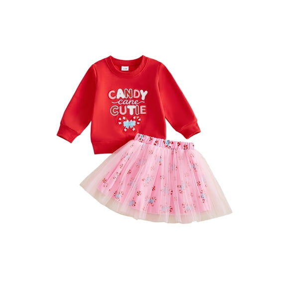 Cjfdfy Toddler Baby Girl Christmas Outfit Candy Cane Cutie Long Sleeve Sweatshirt And Pink Tutu Skirt Cute My First Christmas Warm Fall Winter Clothes 6M-4Y