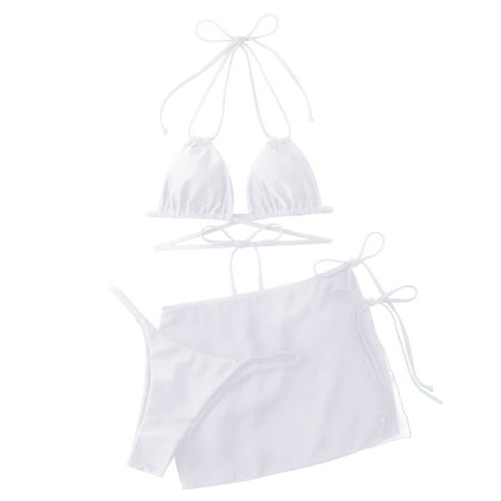 Splozh Womens 3 Piece Swimsuits Triangle Halter Thong Bikini Set Butterfly Bathing Suits Sarongs White M
