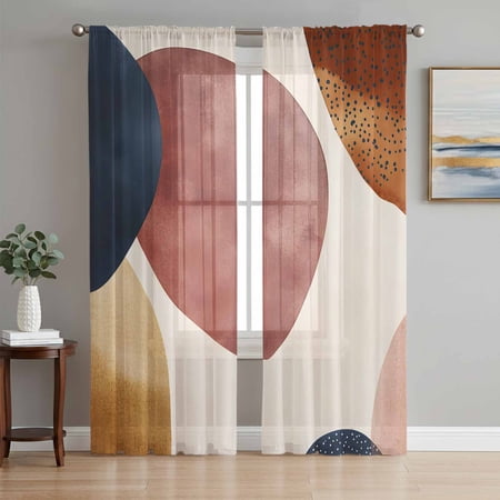 Red Blue Brown Sheer Curtains 108 Inch Length 2 Panels Set Abstract Art Modern Middle Century Voile Window Treatment Semi Sheer Long Curtains Drapes for Bedroom/Living Room/Kitchen 52 x108 x2