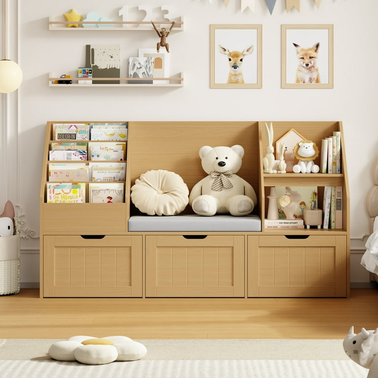 Homfa Kids Bookshelf with Reading Nook & 3 Movable Drawers, 2 Cube