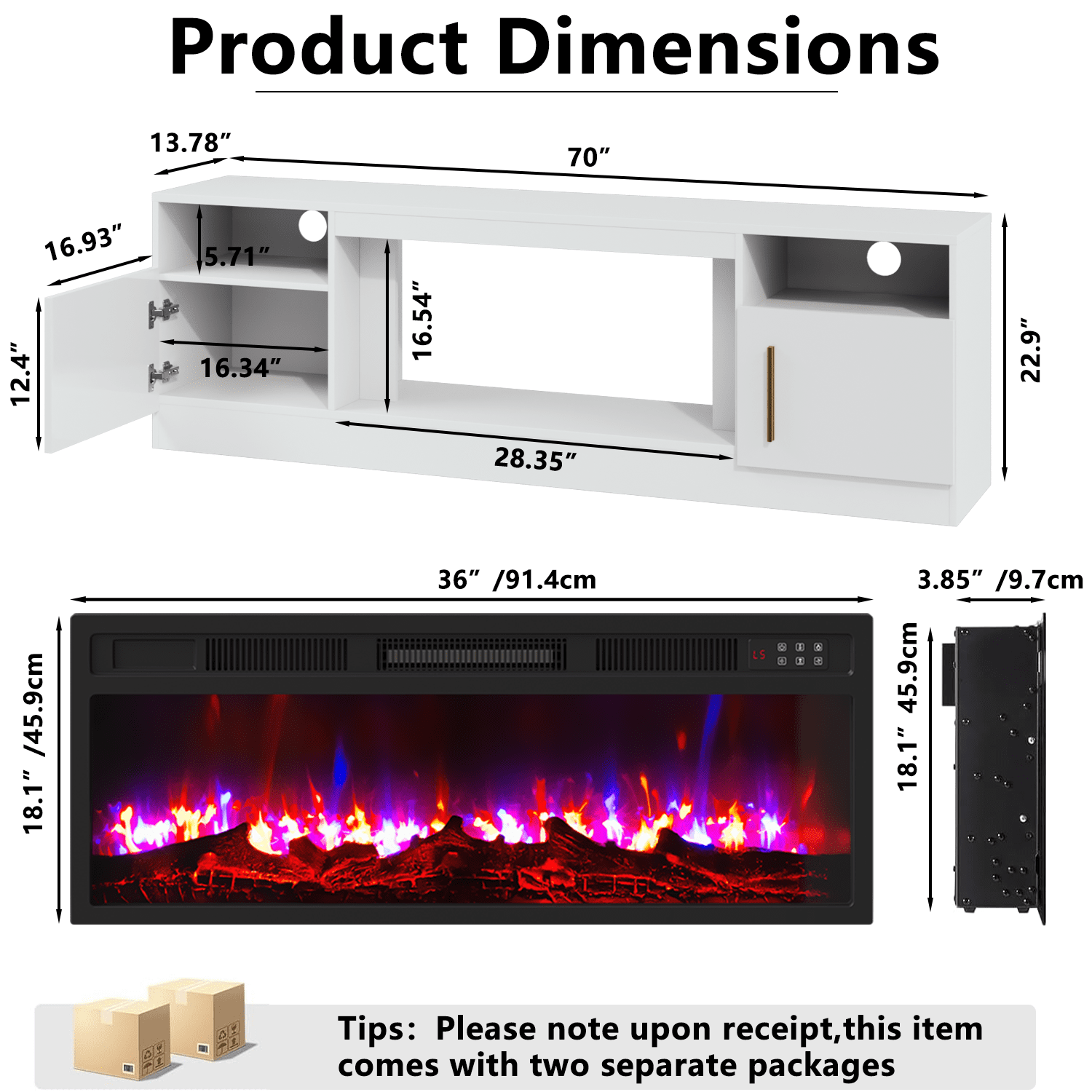 BOSSIN Fireplace TV Stand with 36 inch Fireplace Up to 80" TVs,LED Light Entertainment Center with Highlight Storage Cabinet for living room
