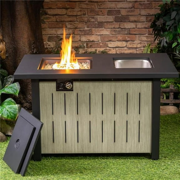 Deko Living 42 Inch Rectangular Outdoor Propane Gas Fire Pit Table 50,000 BTU Heater with Glass Bead Filler and Ice Bucket