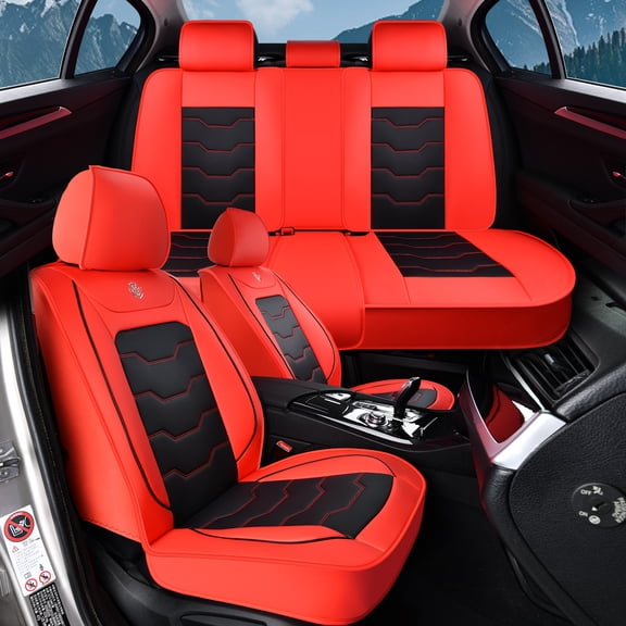 2016 Car Seat Cover for Volkswagen Touareg , Red Car Seat Covers, Waterproof Faux Leather 5 Seats Full Set Non-slip Protect and Upgrade Seats, Airbag-Compatible
