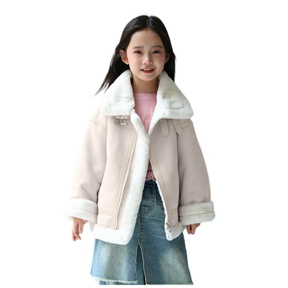 Ecqkame Girls Faux Suede Jackets Winter Sherpa Fleece Lined Zip Up Coats Solid Color Long Sleeve Thickened Lapel Outerwear White 13 Years
