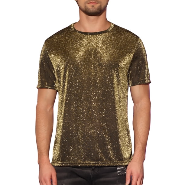 Camisetas de malla transparente Inspire Chic para hombres, camiseta de manga corta, camiseta brillante de purpurina metálica, 2XL dorada