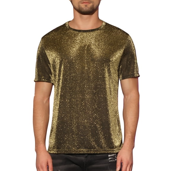 INSPIRE CHIC Sheer Mesh T-Shirts for Men's Short Sleeves Tee Shiny Metallic Glitter T-Shirt M Golden