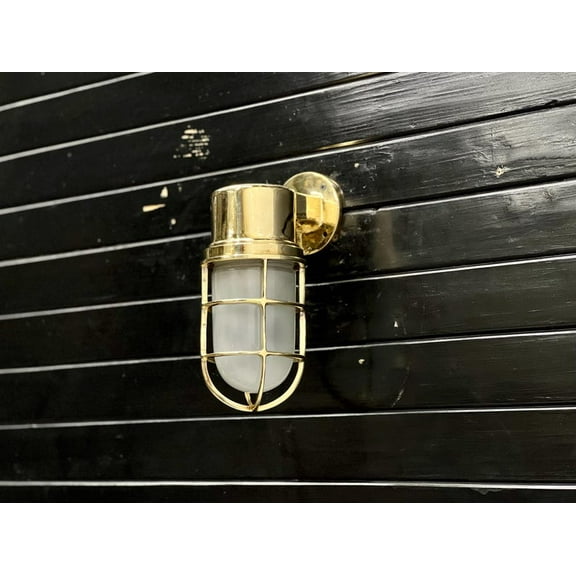 Brass Bulkhead Wall Lamp with White Globe – Nautical Outdoor Light Fixture for Patio & Alleyway, Metal Sconce