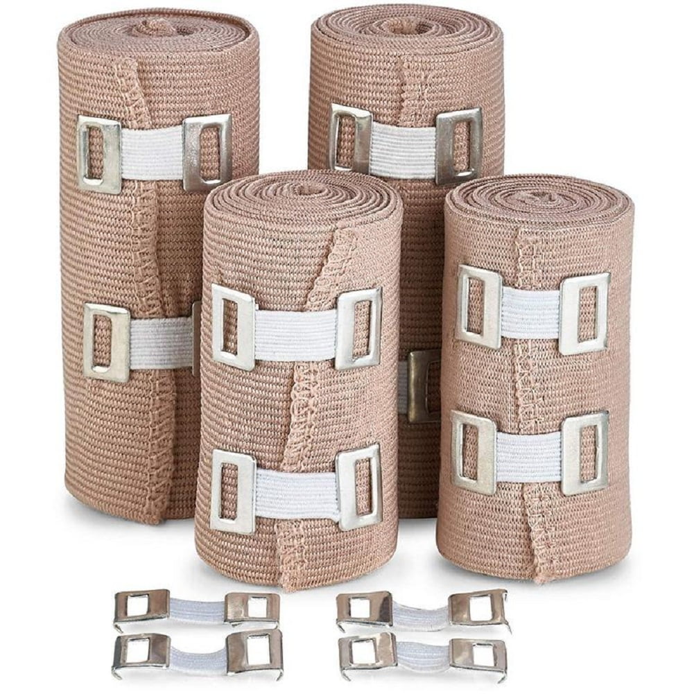 MEDca Elastic Compression Bandage Wrap - (Set of 4) with Hooks, Athletic