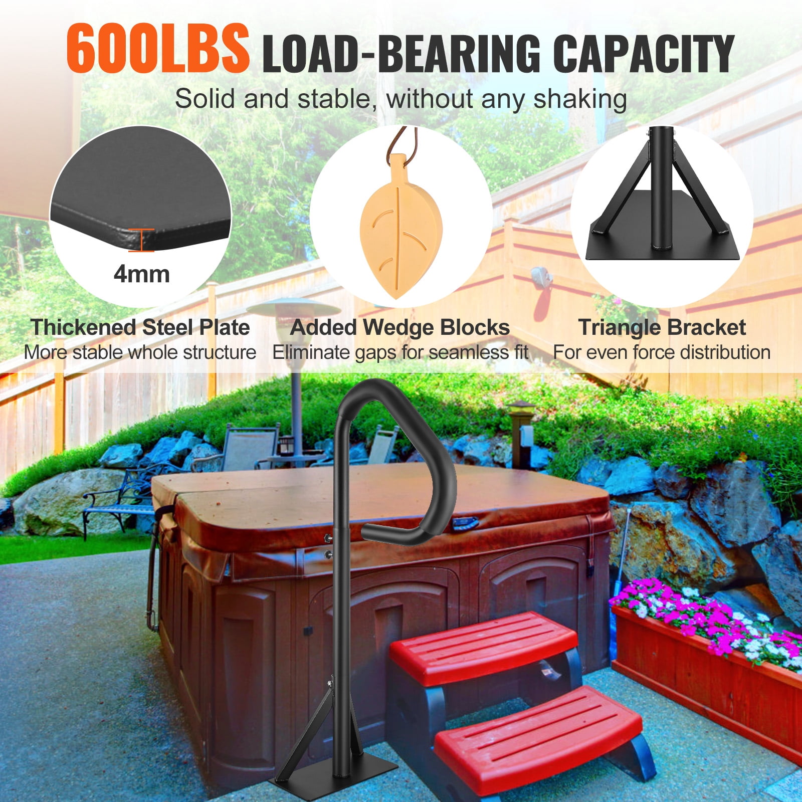 VEVOR Hot Tub Handrail,360 Rotatable Spa Side Handrail with 35"-57" Adjustable Height, Rust-proof Aluminum Spa Step Hot Tub Hand Rail with Slide-Under Mount Base for Indoor & Outdoor,600LBS Capacity