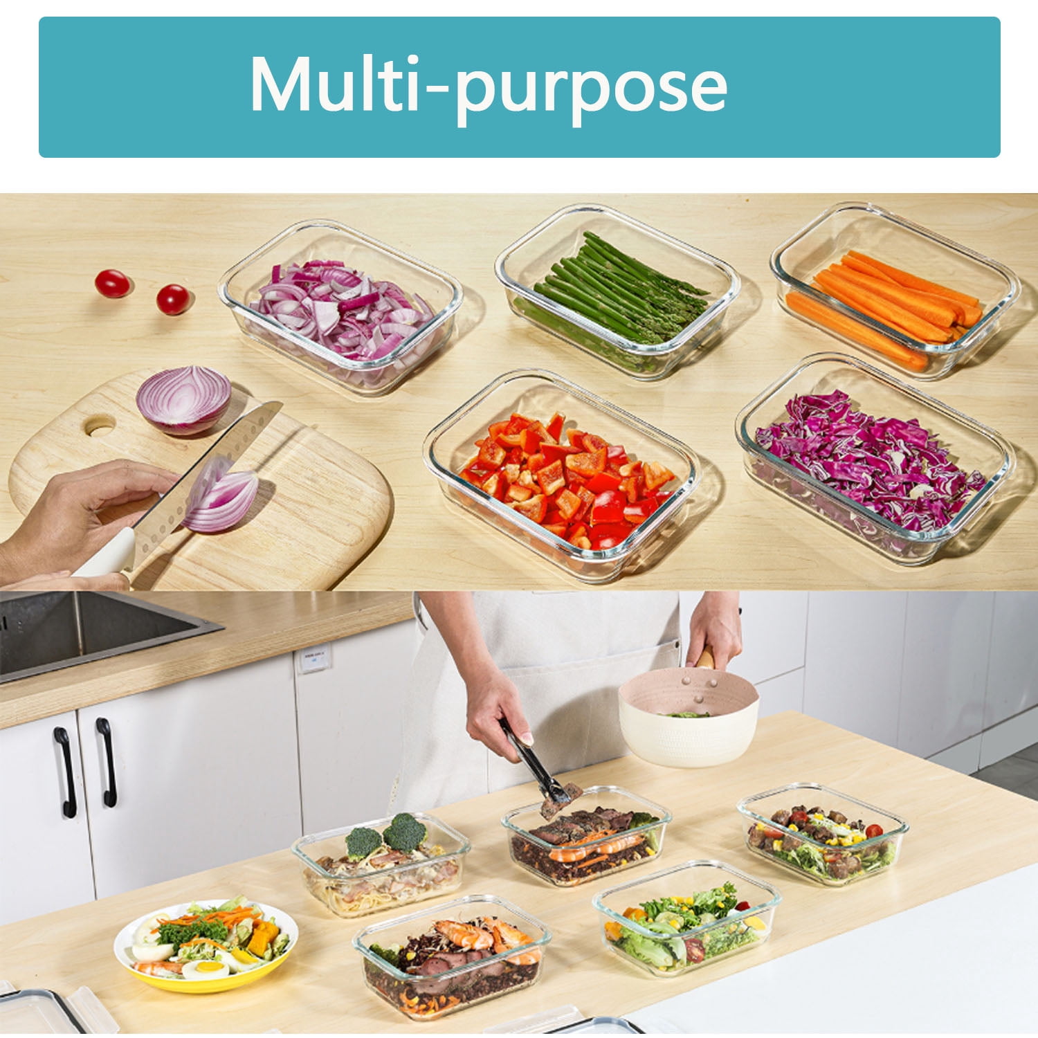 Meikd 5-Piece 35-Ounce Glass Food Storage Container Set (with Lids) Food-Grade Glass Storage Containers Airtight & Reusable Lunch Box Set Safe for Oven, Microwave, Freezer, and Dishwasher Use
