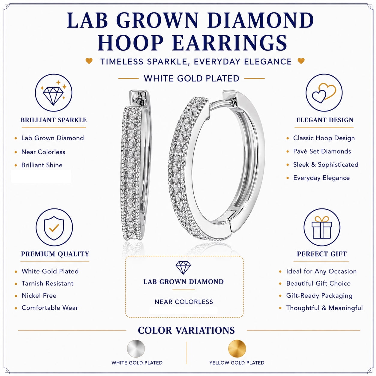 JeenMata Lab Grown Diamond Hoop Earrings - Round Cut Classic Earrings in White Gold Plating for Women