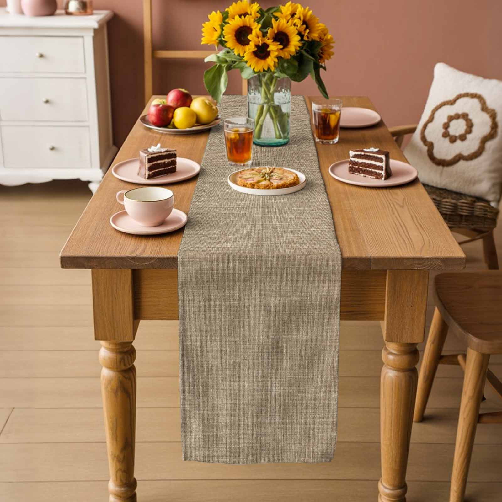 Brown Farmhouse Table Runner, Vintage Country Monochrome Textured Washable Cotton Linen Table Runners 36 Inches Long, Dresser Scarf Runner for Nightstand/End Tables/Round Tables 13''x36''
