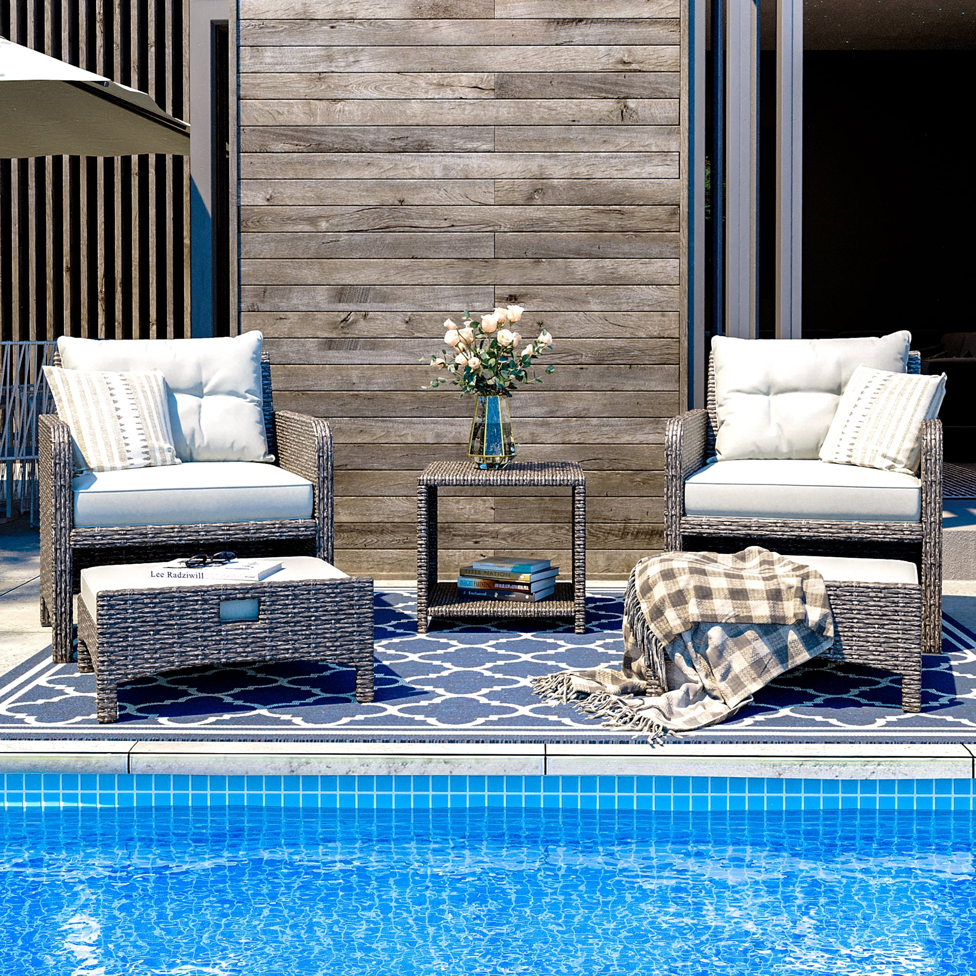 PAMAPIC 5 Pieces Wicker Patio Furniture Set Outdoor Patio Chairs with Ottomans (Gray)