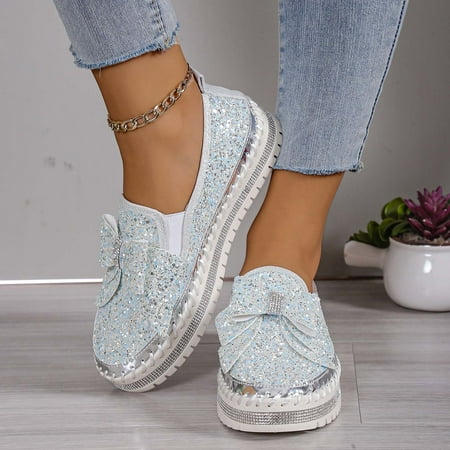 WZJuhiie Women s Fashion Sequin Bow Casual Shoes Slip On Casual Comfortable Shoes