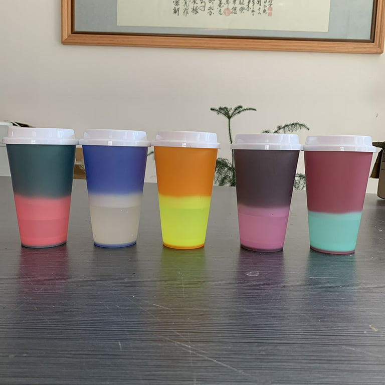 16oz Reusable Color Changing Tumbler Coffee Cups - 5 Pack Heat Sensitive  Plastic Tumblers with Lids for Hot Drink Coffee Mug