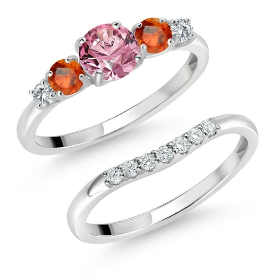 Gem Stone King 10K White Gold Pink and White Lab Grown Diamond Orange Sapphire 5 Stone Bridal Engagement Wedding Ring Set for Women (0.93 Cttw, Round: 5MM and 3MM, Size 5)