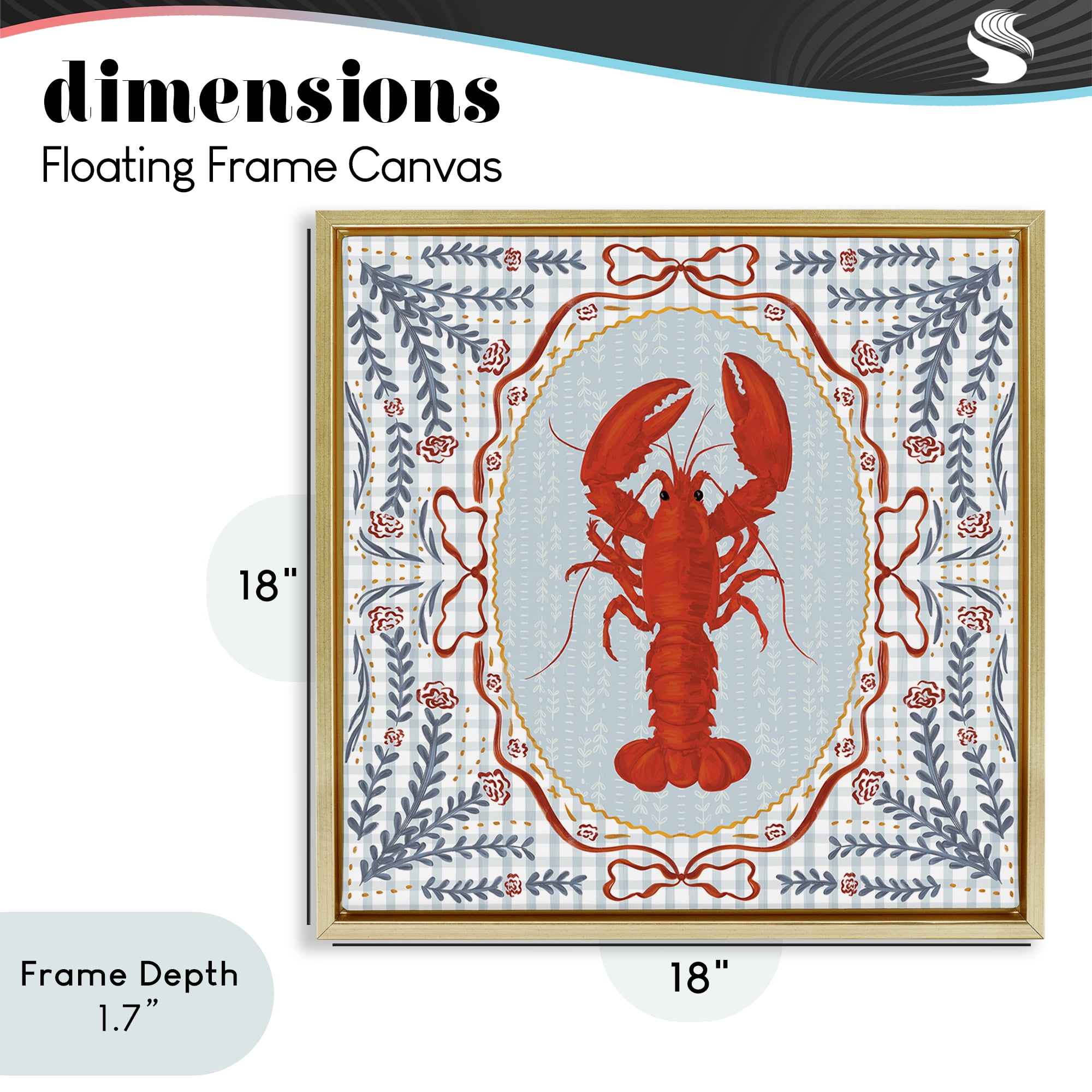 Stupell Industries Lobster Portrait Blue Gingham Gold Framed Floater Canvas Wall Art, design by Vero Illustrates
