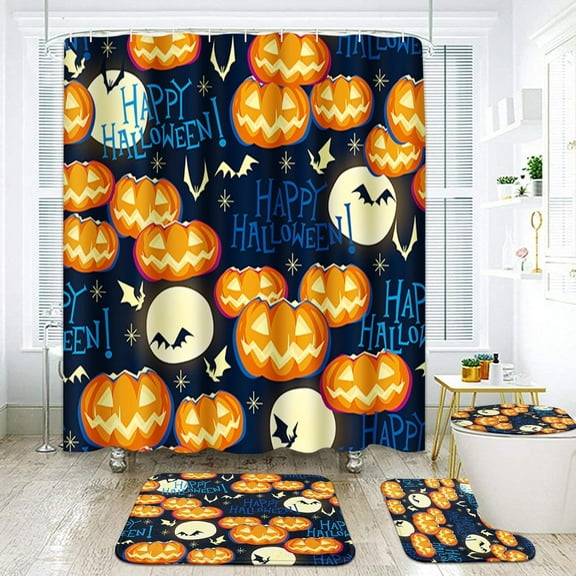 Halloween Happy Bathroom Sets with Shower Curtain and Rugs and Accessories, Pumpkins Lantern Orange Shower Curtain Sets, Spooky Autumn Shower Curtains for Bathroom Decor 4 Pcs