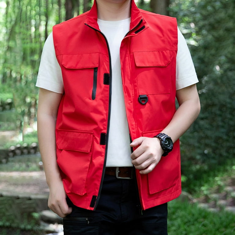 Honeeladyy Mens Lightweight Quick Dry Outdoor Multi Pockets Fishing Hiking  Vest Red XL