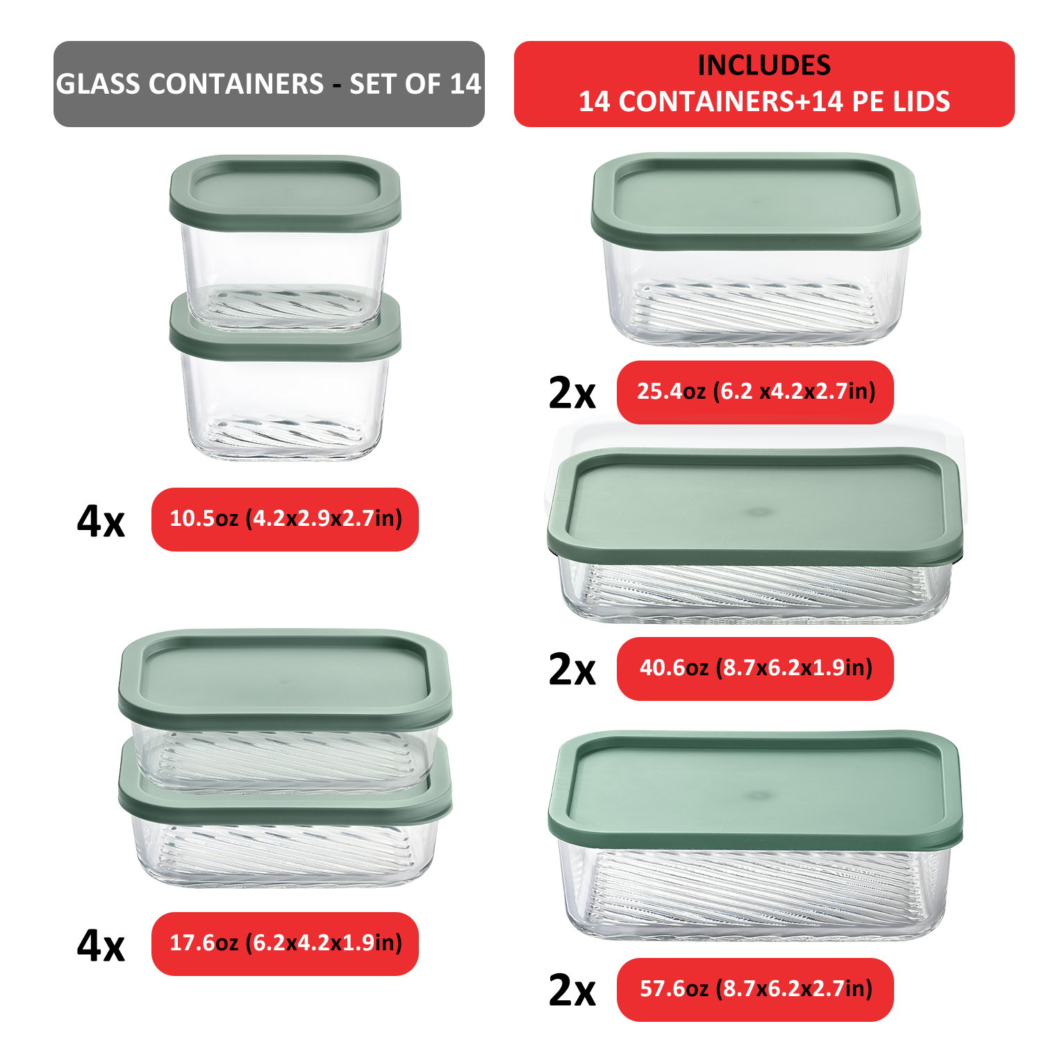 LammaLoe Glass Storage Containers with Lids, 14 Piece Meal Prep Containers, Oven to Freezer Safe, Stackable, Glass Food Storage Containers, Sage Green