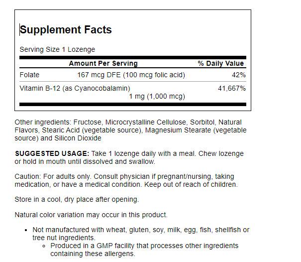 NOW Supplements, Vitamin B-12 1,000 mcg with Folic Acid, Nervous System Health*, 100 Chewable Lozenges - image 2 of 2