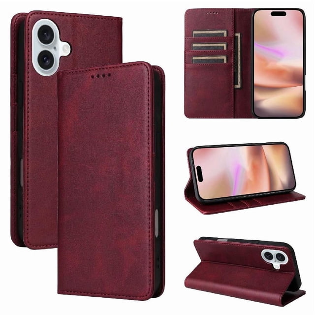 Étui Portefeuille pour iPhone 16 Plus avec Fentes pour Cartes et Support - Étui de Protection à Rabat Rouge