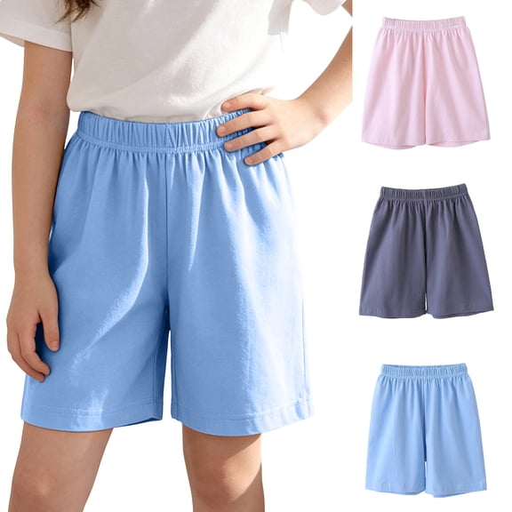 Girls Cotton Shorts 3-Pack for Kids - Breathable Elastic Waistband Blue Summer Shorts Sizes 5-14,Size 14 T