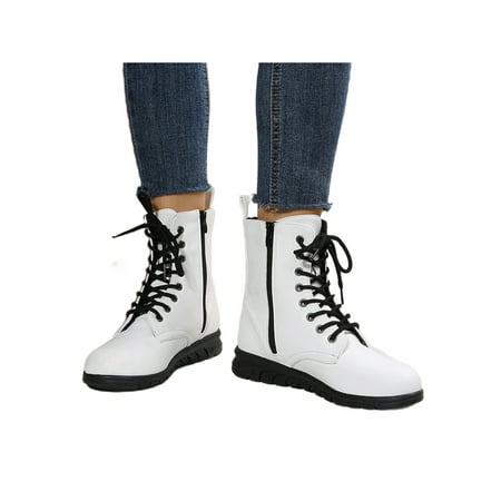 

UKAP Women Comfortable Work Boot Outdoor Slip Resistant Side Zipper Ankle Boots Leather Booties Lace-Up Combat Boot White 8.5