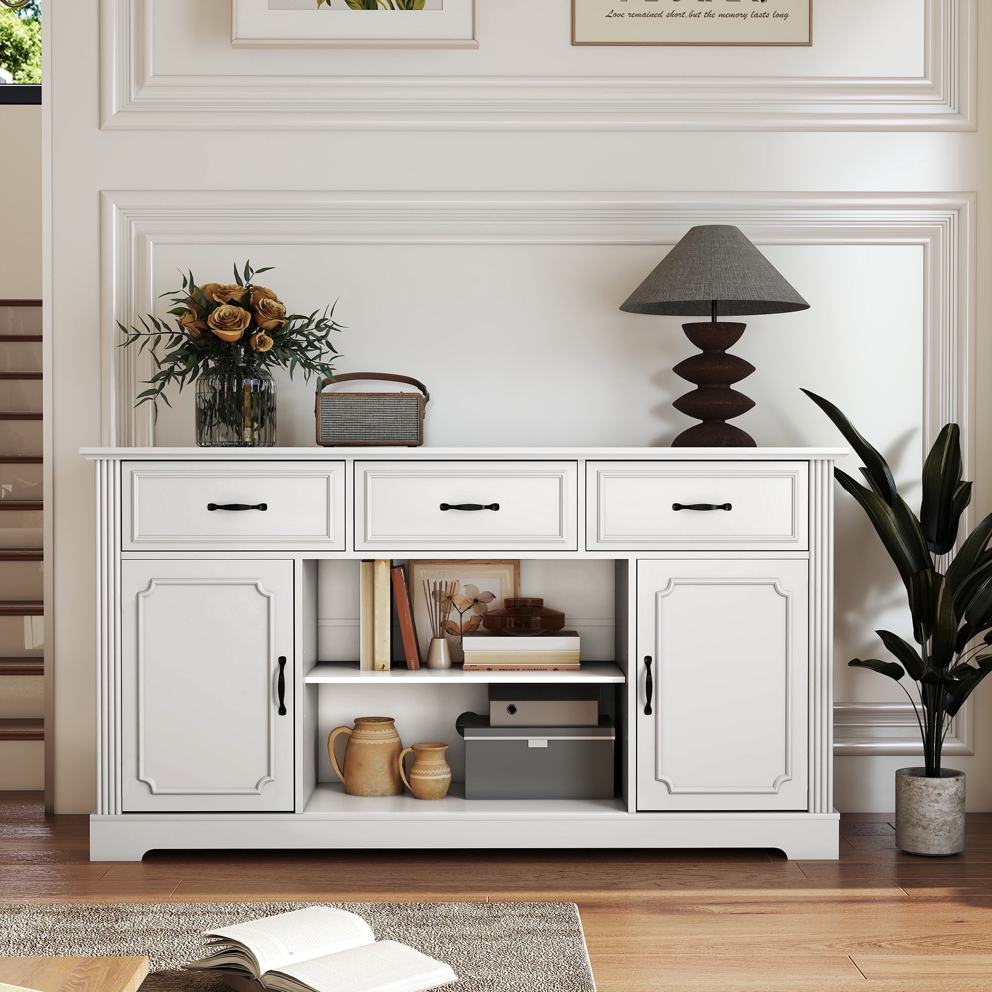 HLR Mid Century 60" TV Stand for TV up to 65", Entertainment Center with Drawers Storage for Living Room, White