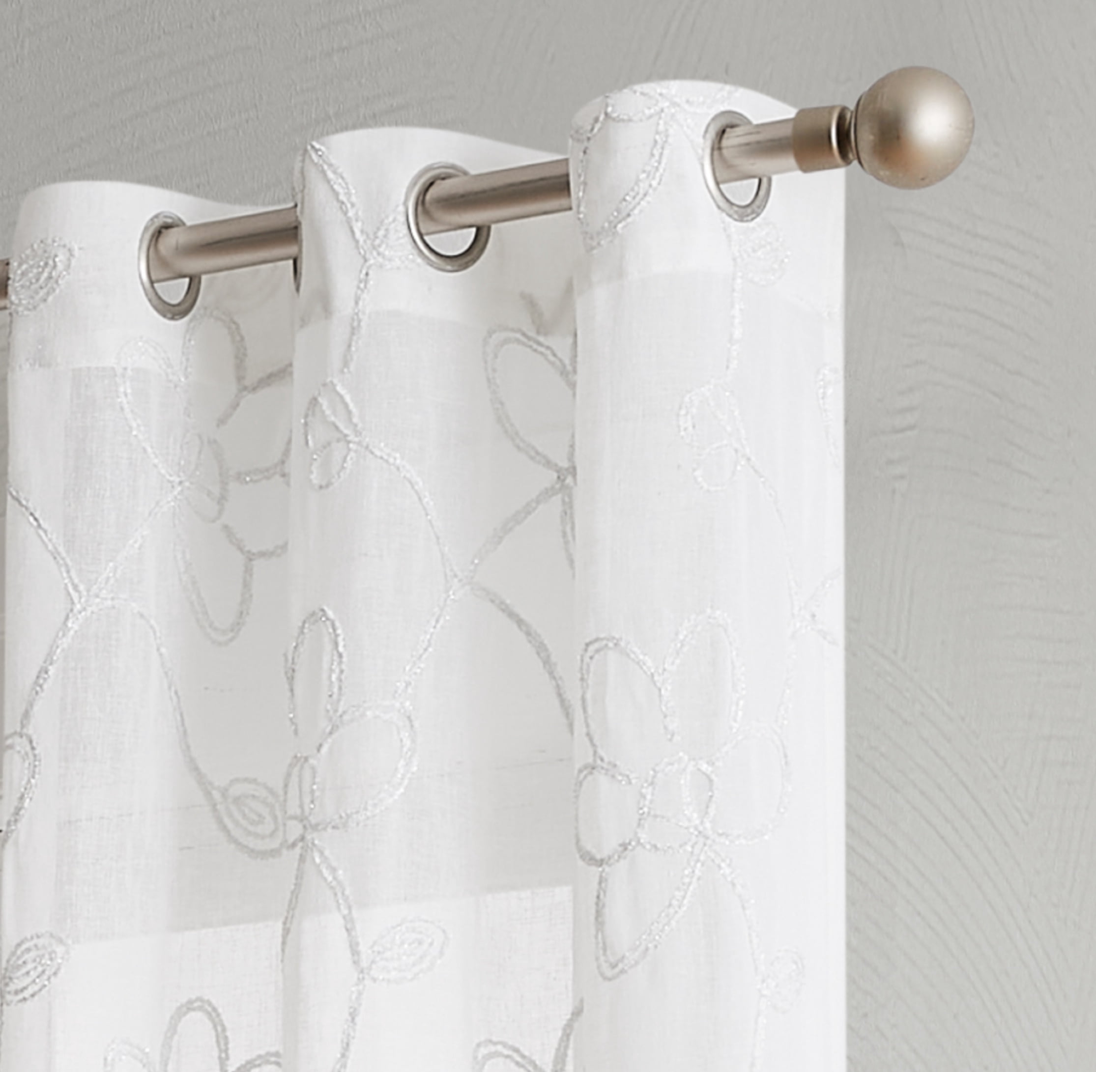 Dainty Home Rita 3D Floral Chenille Embroidered Solid Sheer Linen Look 76" x 84" Window Curtain Panel Pair in White With Shimmer