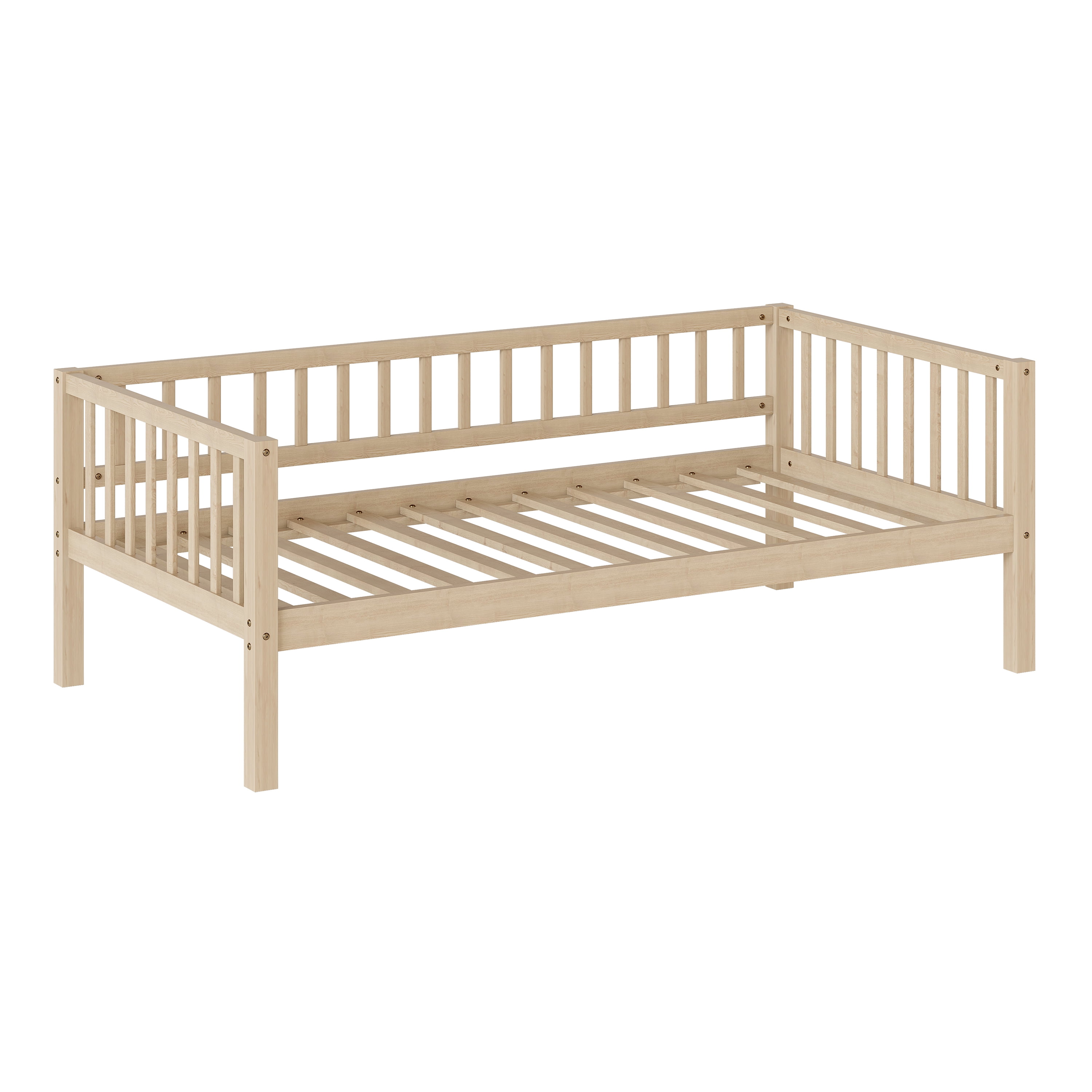 GARITIN Twin Size Daybed, 3-Sided Vertical Slat Guardrail Bed Frame, Breathable Wooden Slat Support Leisure Bed for Home Bedroom Guest Room, Natural