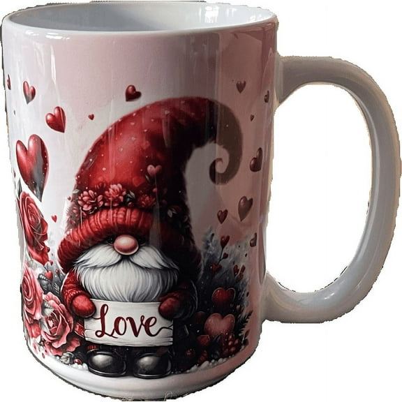 LisaB's World 15 oz Valentine's Day Ceramic Coffee Mug with Gnome Holding a Love Sign