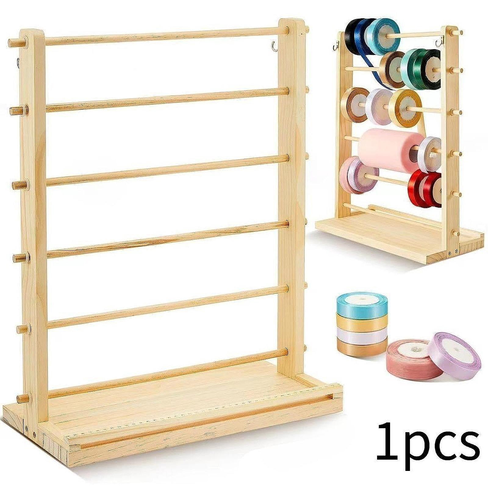 GUOOL Wood Ribbon Organizer Craft Ribbon Storage Portable Yarn Storage Shelf Tabletop 6 Tier Ribbon Rack for Craft Room Retail Shop