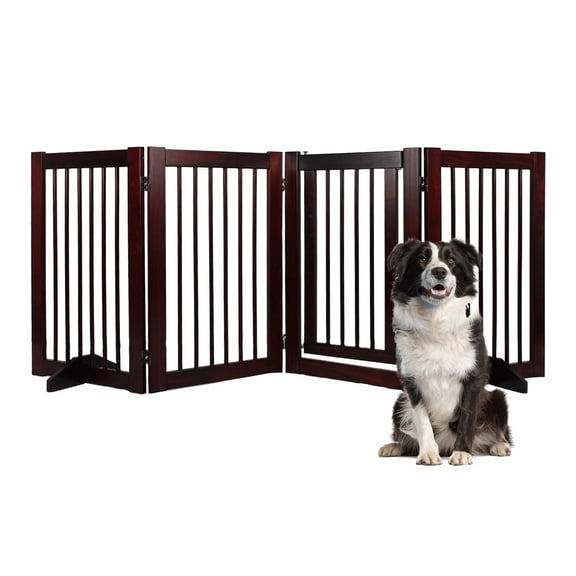 Indoor Dog Gate, Wooden Freestanding Pet Gate, Foldable Dog Gates for Doorways, No Drilling for The House, Doorways, Hallways,or Stairs, 30" Height 4 Panels Set of Support Feet Included (Espresso)