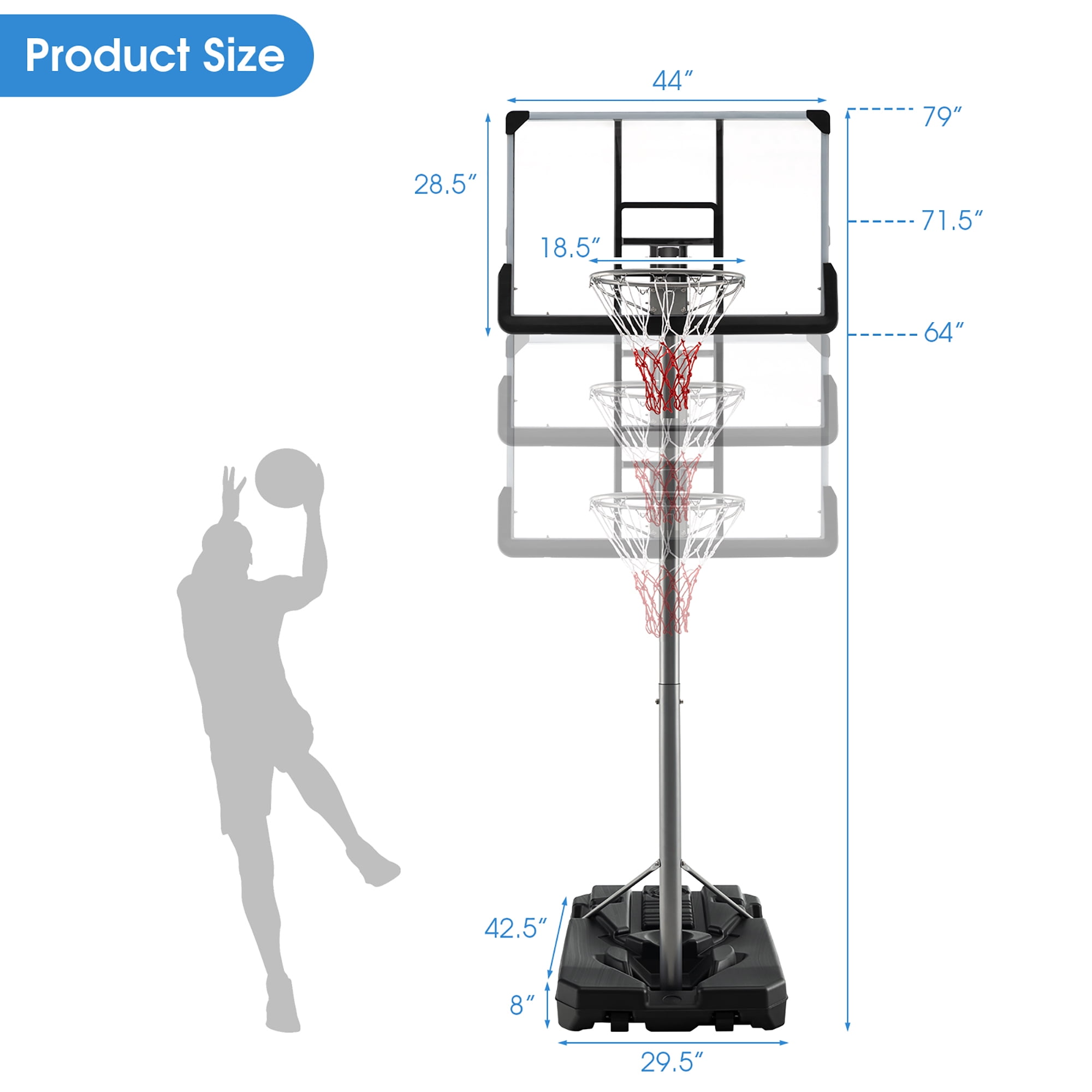 Costway 64''-79'' Height Adjustable Poolside Basketball Hoop Goal System with44'' Backboard Black
