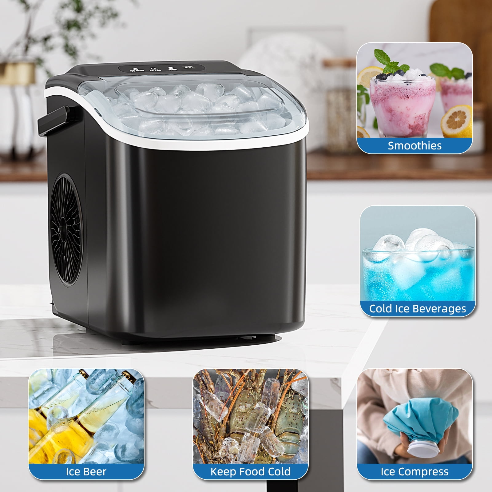 FREE VILLAGE Ice Makers Countertop,Portable Ice Maker Machine with Self-Cleaning,26.5lbs/24Hrs,6 Mins/9 Pcs Bullet Ice,Ice Scoop and Basket,Handheld Ice Maker for Kitchen/Home/Office/Party