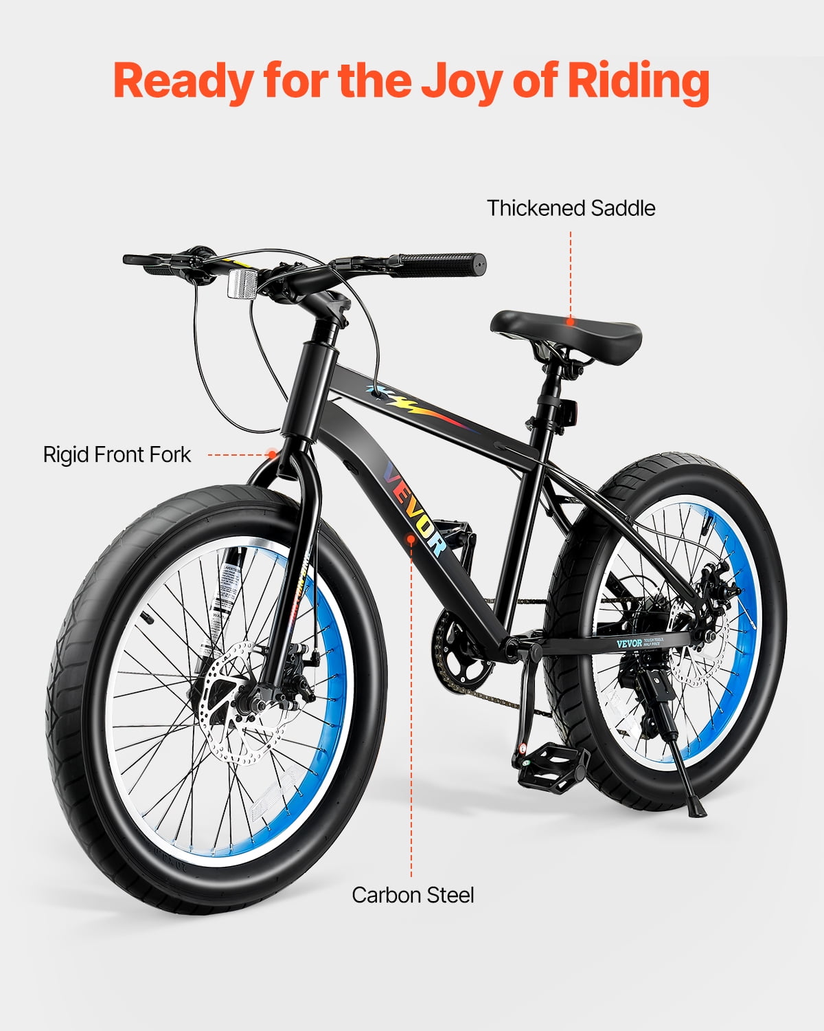 VEVOR Mountain Bike, 20 inch MTB Bicycle with 7 Speeds SHIMANO Twist Shifting, Comfort Saddle, Dual Disc Brakes, High Carbon Steel Frame, Fat Tire Sport Cycling Bicycle for Trail Snow